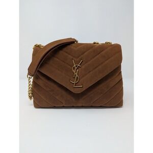 YSL Saint Laurent Loulou Quilted Small Shoulder Bag Brown Suede Chevron EUC